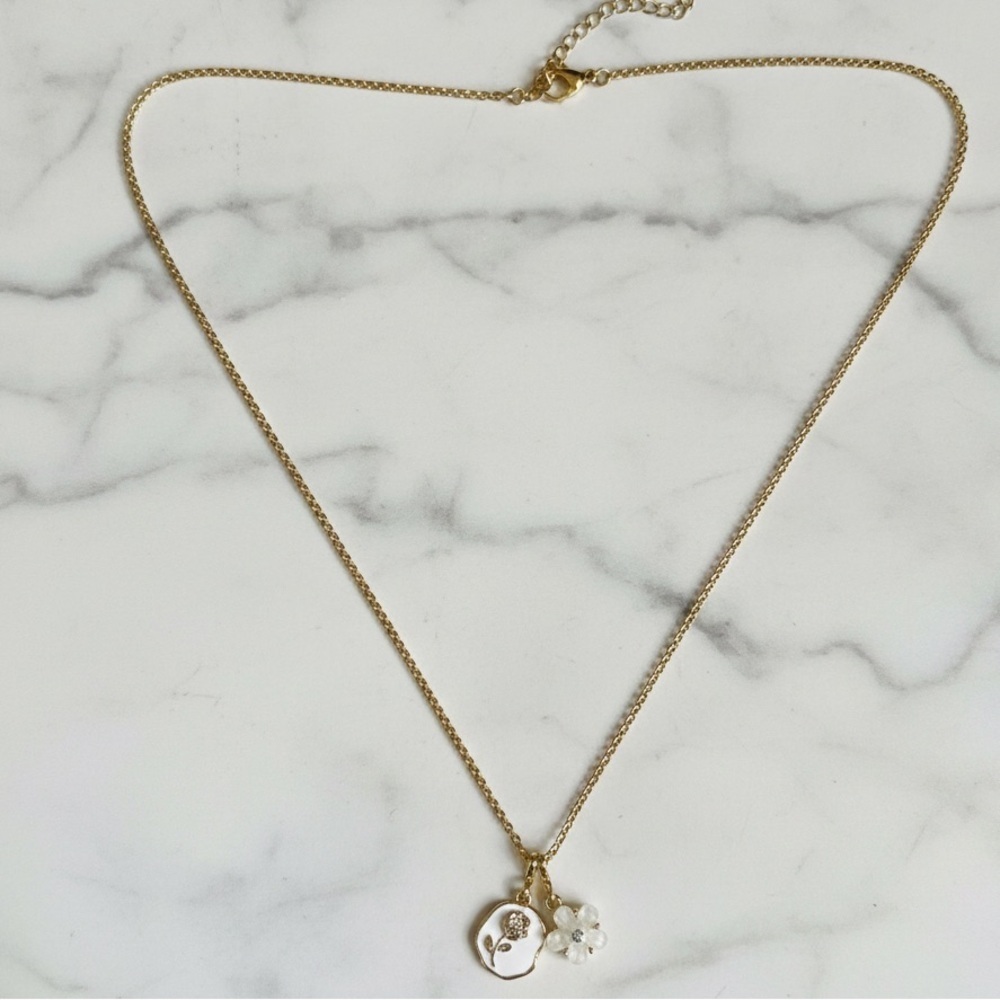 Gold Plated Stainless Steel Necklace w/ White Floral Charms - Picture 2 of 3
